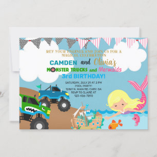 Mermaid and monster trucks siblings invitation. invitation