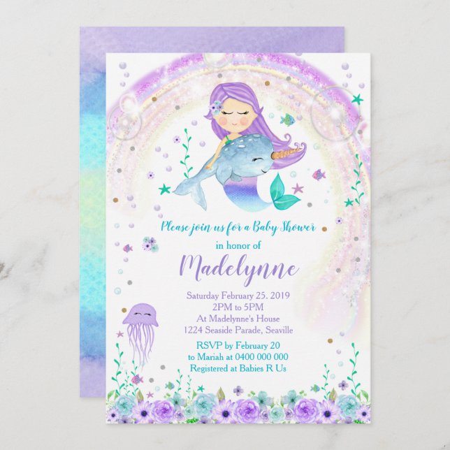 Mermaid and Narwhal Baby Shower Invitation (Front/Back)