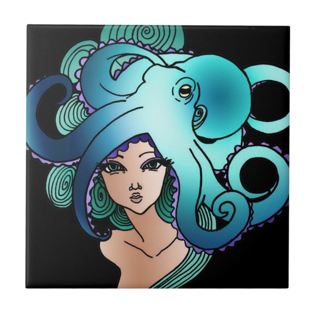 mermaid and octopus ceramic tile (Front)