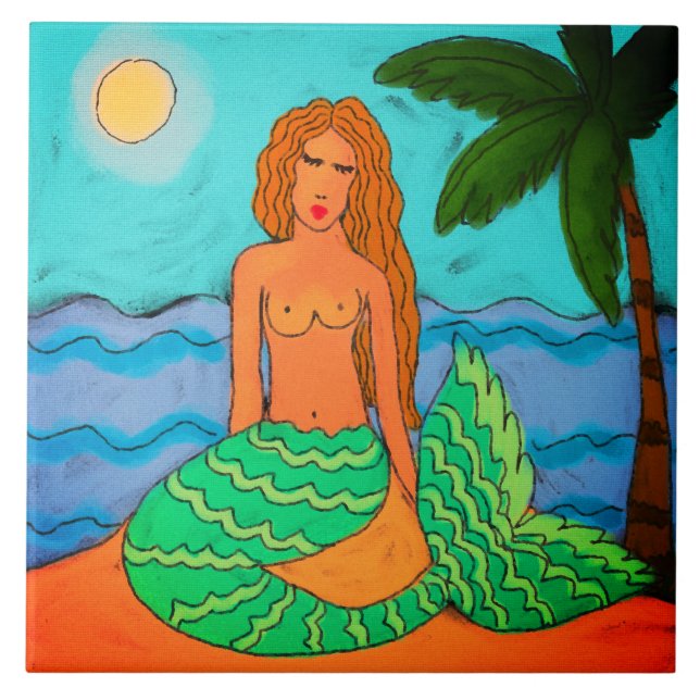 Mermaid and Palm Tree Abstract Art  Ceramic Tile (Front)