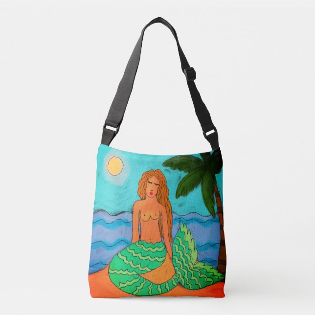 Mermaid and Palm Tree Abstract Art Crossbody Bag (Front)
