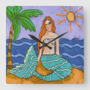 Mermaid and Palm Tree Abstract Art Square Wall Clock