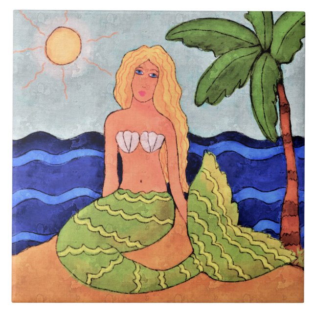 Mermaid and Palm Tree Abstract Digital Painting Ceramic Tile (Front)