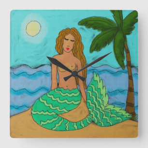 Mermaid and Palm Tree Abstract Painting Square Wal Square Wall Clock