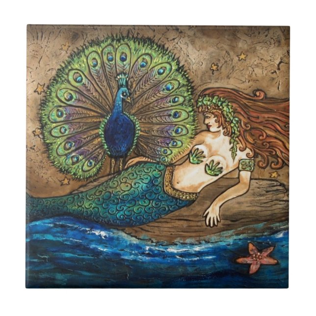 Mermaid and Peacock Ceramic Tile (Front)