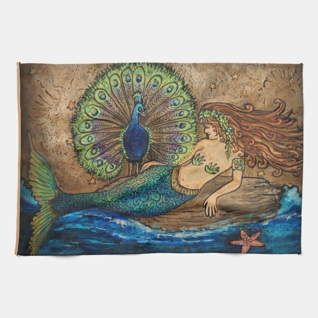 Mermaid and Peacock Tea Towel (Horizontal)