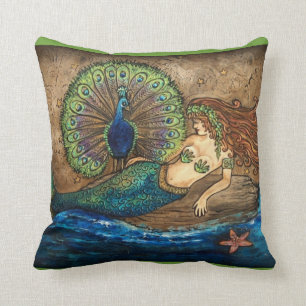 Mermaid and Peacock Toss Pillow