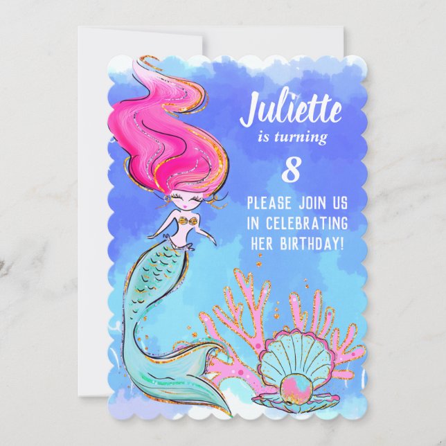 Mermaid And Pearl Clam Birthday Party Invitation (Front)