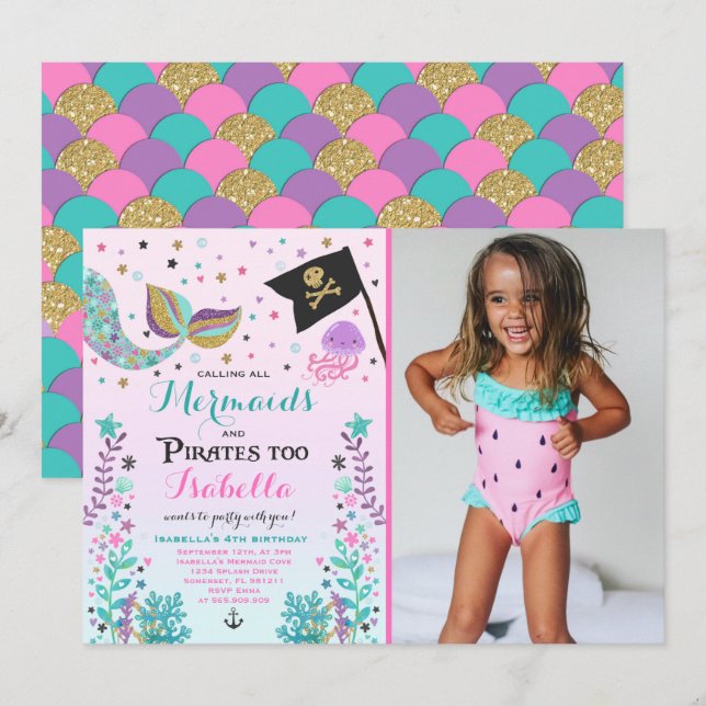 Mermaid And Pirate Birthday Invitation (Front/Back)