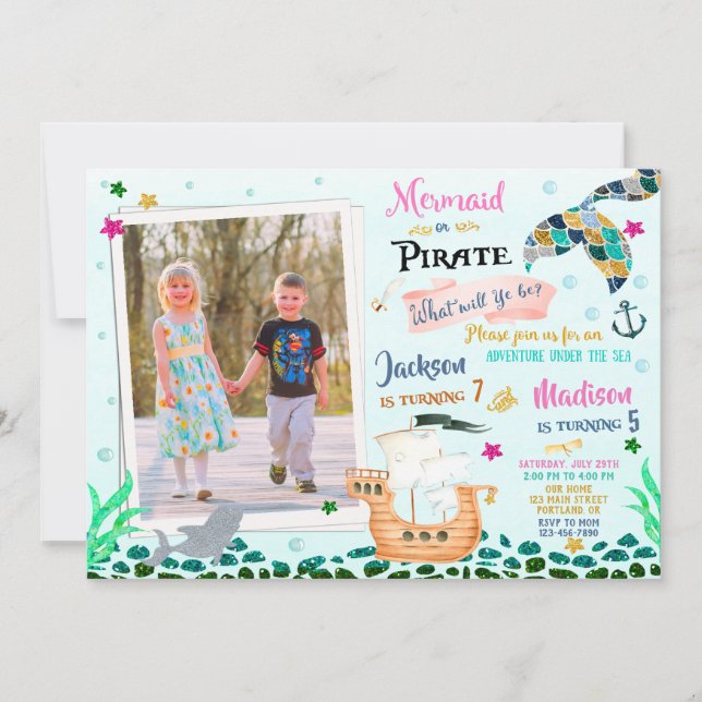 Mermaid and Pirate birthday invitation Boy Girl (Front)