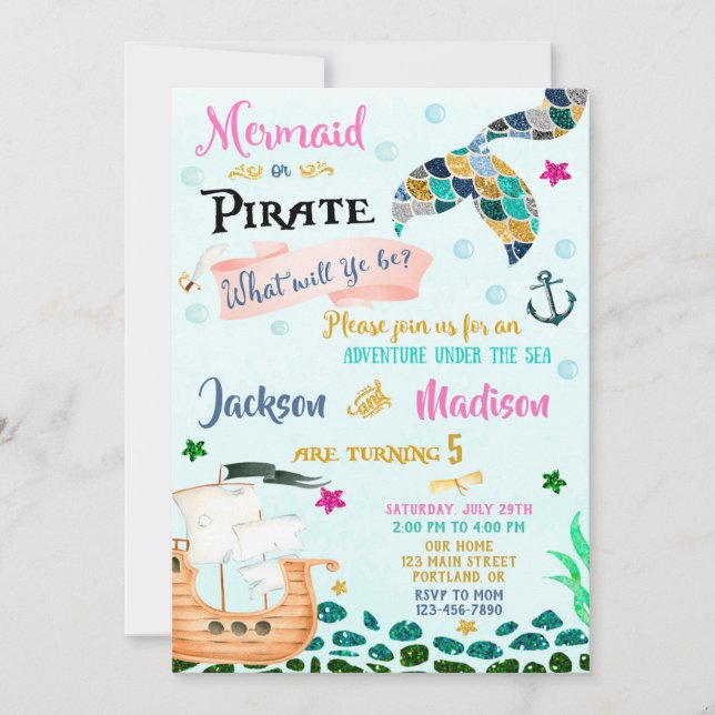 Mermaid and Pirate birthday invitation Boy Girl (Front)