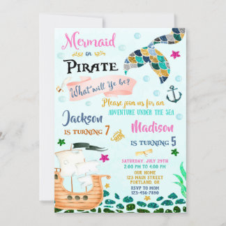Mermaid and Pirate birthday invitation Boy Girl