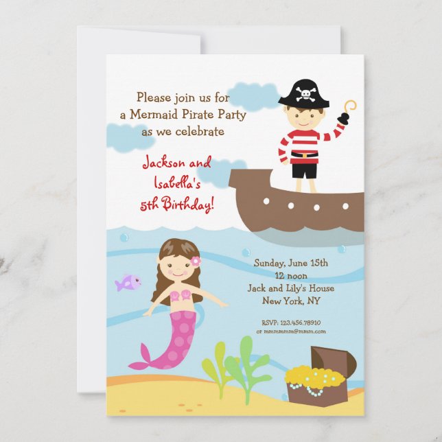 Mermaid and Pirate Birthday Party Invitations (Front)