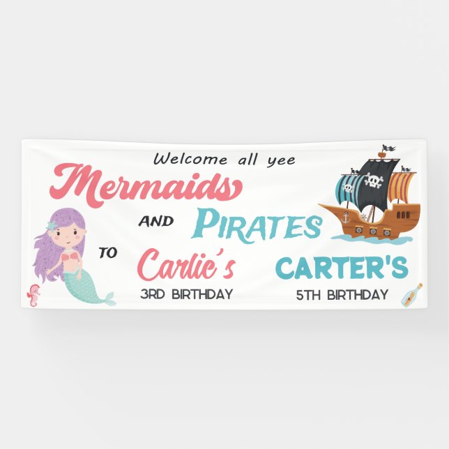 Mermaid and Pirate Joint Birthday Party, Any Age Banner (Horizontal)