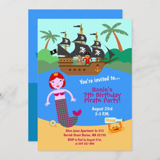 Mermaid and pirate ship Birthday Party  Invitation (Front/Back)