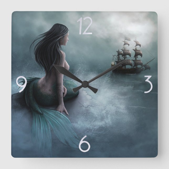 Mermaid and Pirate Ship Square Wall Clock (Front)