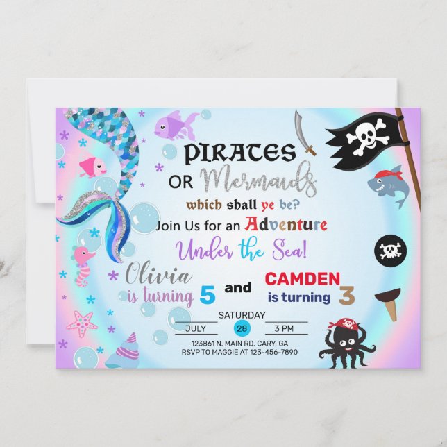 Mermaid and pirate siblings invitation. invitation (Front)