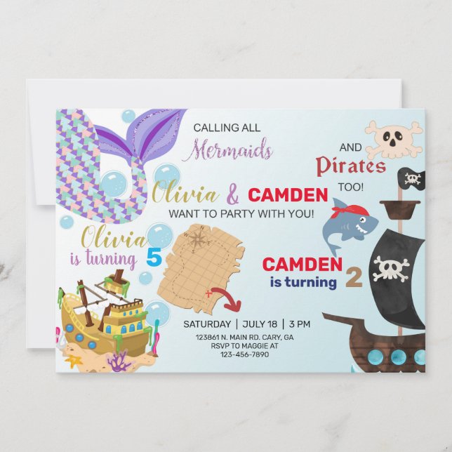 Mermaid and pirate siblings invitation. invitation (Front)