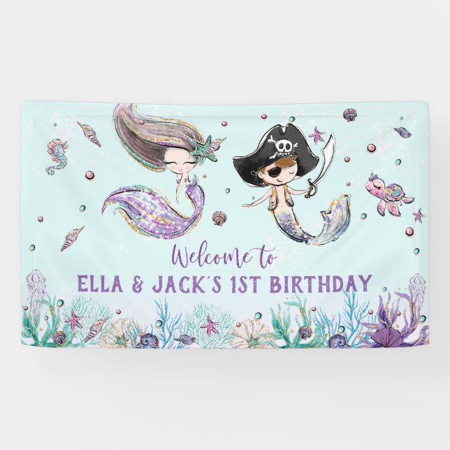 Mermaid and Pirate Under the Sea Birthday Backdrop Banner (Horizontal)