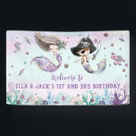 Mermaid and Pirate Under the Sea Birthday Backdrop Banner<br><div class="desc">Personalise this whimsical Mermaid and Pirate Backdrop Banner quickly and easily,  simply press the customise it button to further re-arrange and format the style and placement of the text.  Great for twins birthday party,  twins baby shower,  siblings brother sister birthday,  etc.  (c) The Happy Cat Studio.</div>
