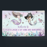 Mermaid and Pirate Under the Sea Birthday Backdrop Banner<br><div class="desc">Personalise this whimsical Mermaid and Pirate Backdrop Banner quickly and easily,  simply press the customise it button to further re-arrange and format the style and placement of the text.  Great for twins birthday party,  twins baby shower,  siblings brother sister birthday,  etc.  (c) The Happy Cat Studio.</div>