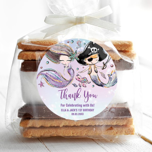 Mermaid and Pirate Under the Sea Birthday Favour  Classic Round Sticker (Creator Uploaded)