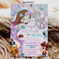 Mermaid and Pirates Birthday Invitation Unicorn