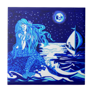 Mermaid and sailor, moonlit night ceramic tile