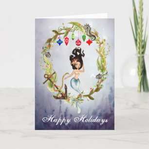 Mermaid and Sea Life Christmas Wreath Beach Holiday Card