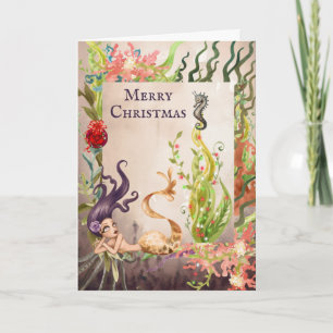 Mermaid and Sea Life Merry Christmas Beach Holiday Card