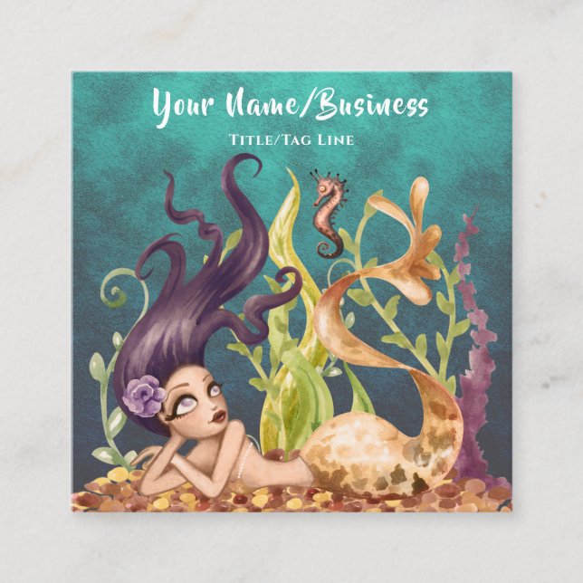 Mermaid and Seahorse Under the Sea Beach Square Business Card (Front)