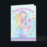 Mermaid and seahorse whimsy watercolor birthday card<br><div class="desc">Personalize this pretty mermaid in the water hugging a seahorse watercolor with your own birthday message,  name and age. Ideal for your granddaughter birthday in pretty shades of aqua,  purple and pink. Original watercolor painting and design by Sarah Trett for www.mylittleeden.com on zazzle.</div>