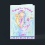 Mermaid and seahorse whimsy watercolor birthday card<br><div class="desc">Personalize this pretty mermaid in the water hugging a seahorse watercolor with your own birthday message,  name and age. Ideal for your granddaughter birthday in pretty shades of aqua,  purple and pink. Original watercolor painting and design by Sarah Trett for www.mylittleeden.com on zazzle.</div>