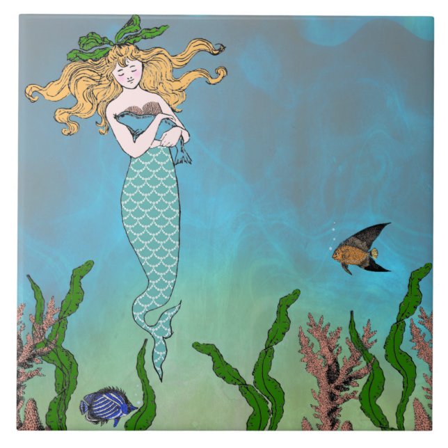 Mermaid and seal ceramic tile (Front)