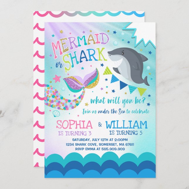 Mermaid And Shark Birthday Invitation Pool Party (Front/Back)