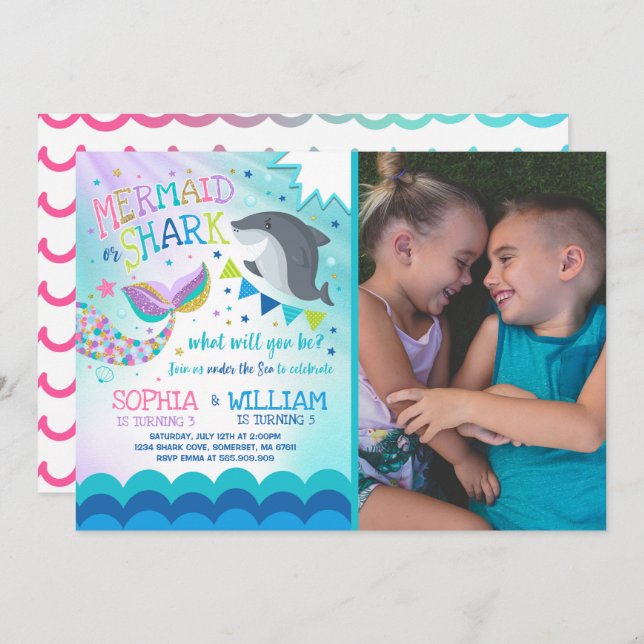 Mermaid And Shark Birthday Invitation Pool Party (Front/Back)