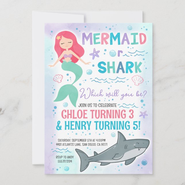 Mermaid and Shark Birthday Party Invitation (Front)