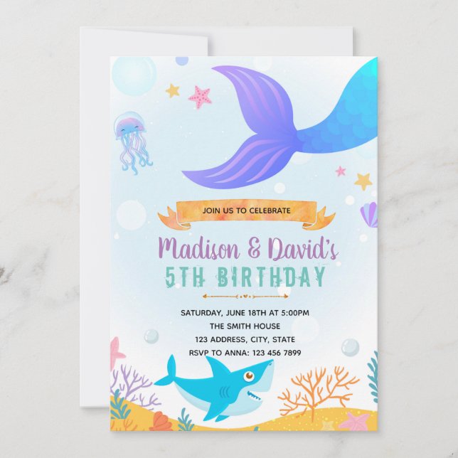 Mermaid and shark party invitation (Front)