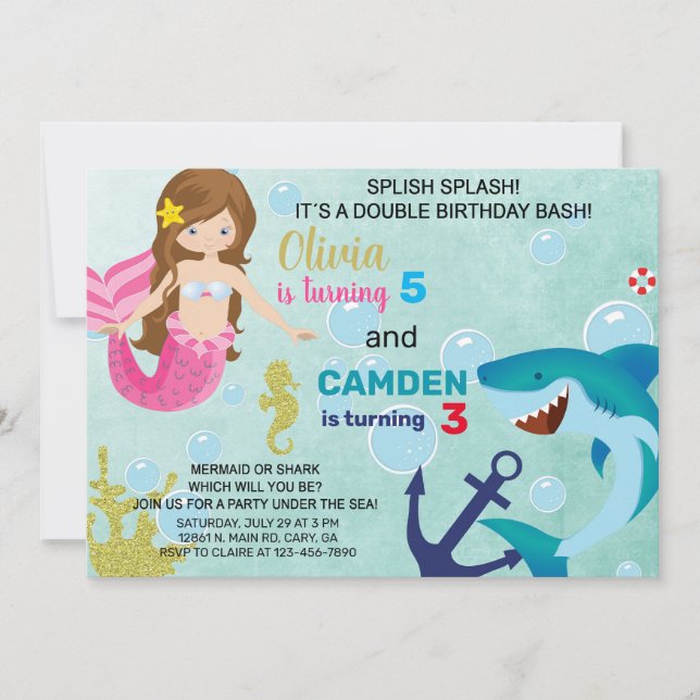 Mermaid and shark siblings invitation. invitation (Front)