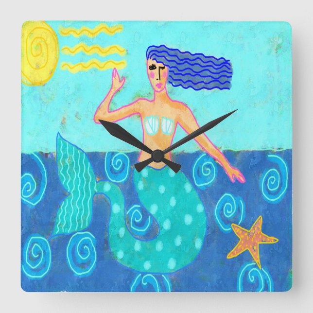 Mermaid and Starfish Abstract Art Square Wall Clock (Front)