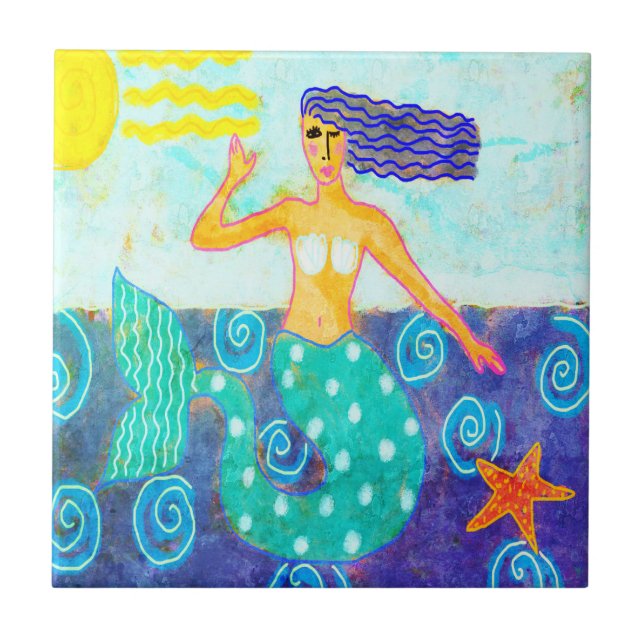 Mermaid and Starfish Abstract Painting Ceramic Tile (Front)