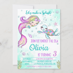 Mermaid and turtle birthday invitation Under sea