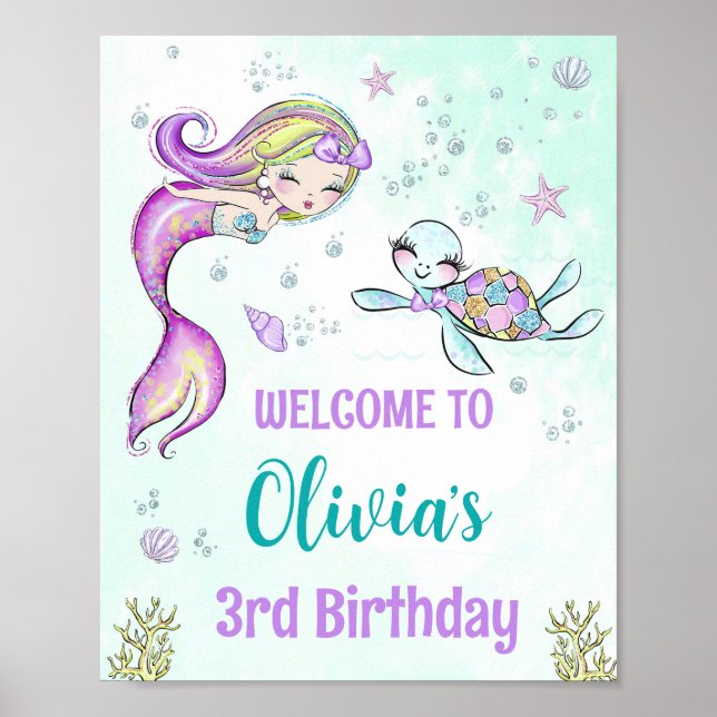 Mermaid and turtle welcome party sign Under sea (Front)
