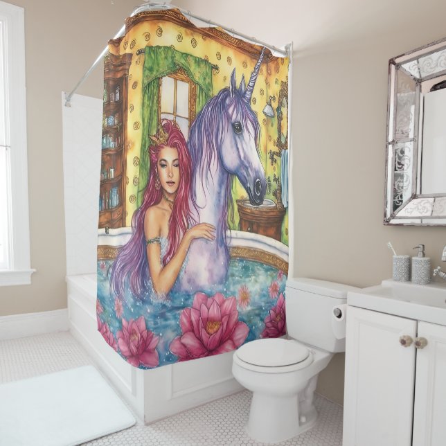 Mermaid and Unicorn Bathing fantasy Shower Curtain (In Situ)