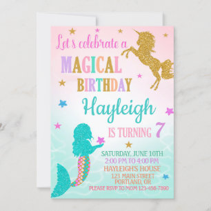 Mermaid and Unicorn birthday invitation
