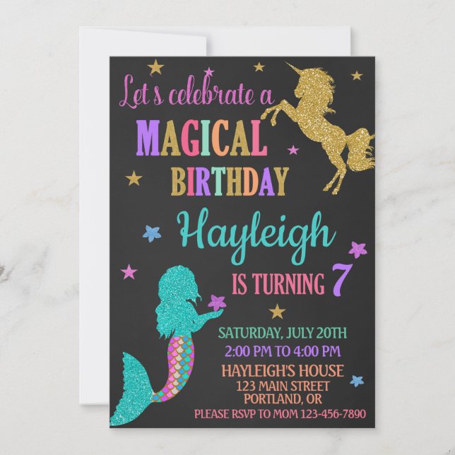 Mermaid and Unicorn birthday invitation Magical (Front)