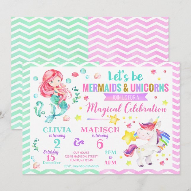 Mermaid and Unicorn Joint Birthday Invitation (Front/Back)