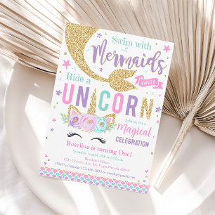 Mermaid And Unicorn Magical Birthday Invitation