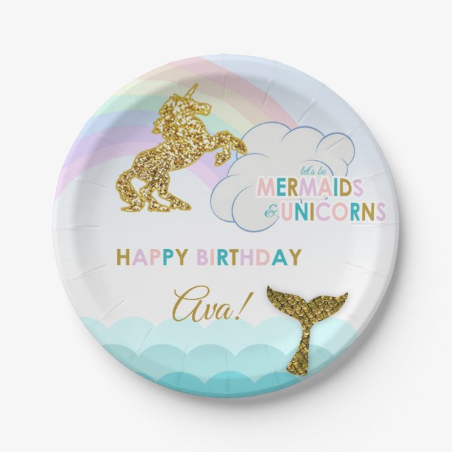Mermaid and unicorn party plates (Front)