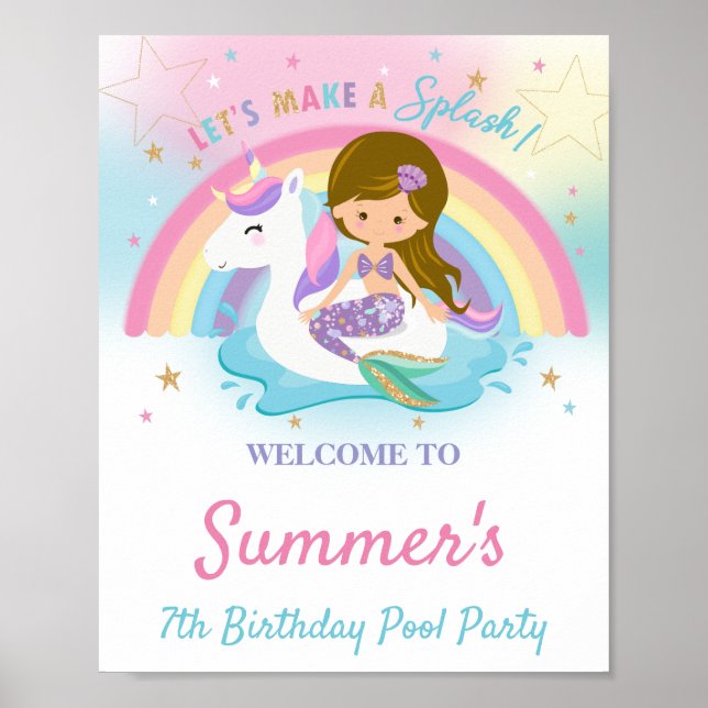 Mermaid and Unicorn Pool Birthday Party Welcome   Poster (Front)